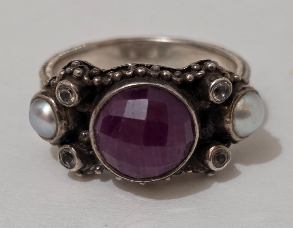 Sterling Silver Signed SI India Faceted Ruby Pearl CZ Ring Sz 9